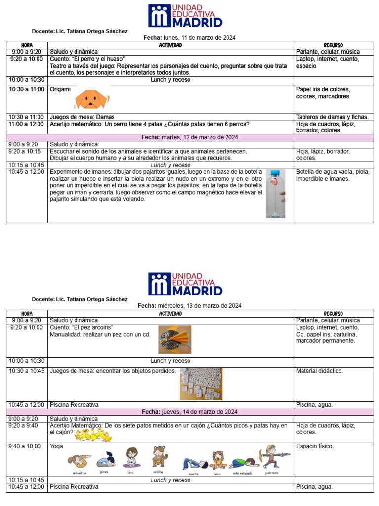 Planificacion Curso Vacacional 2024 Lcda. Tatiana Ortega S. | PDF