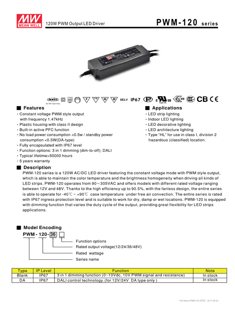 120W PWM Output LED Driver Specs | PDF | Electricity | Power (Physics)