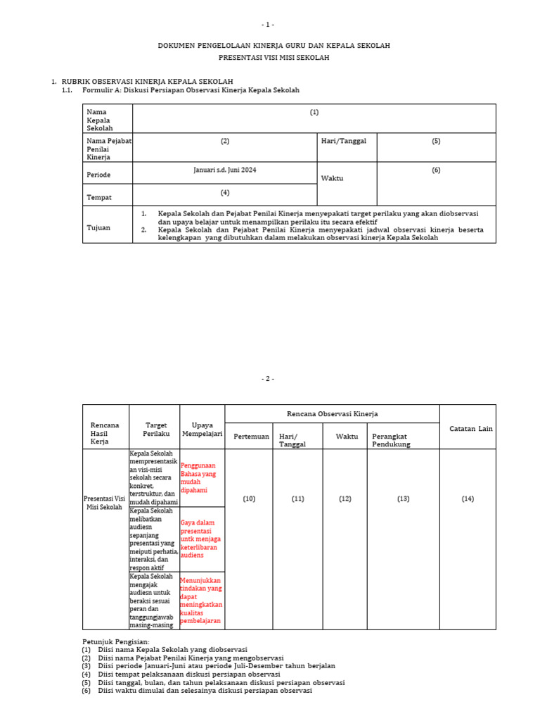 Observasi Kinerja Kepala Sekolah Presentasi Visi Misi Sekolah Pdf