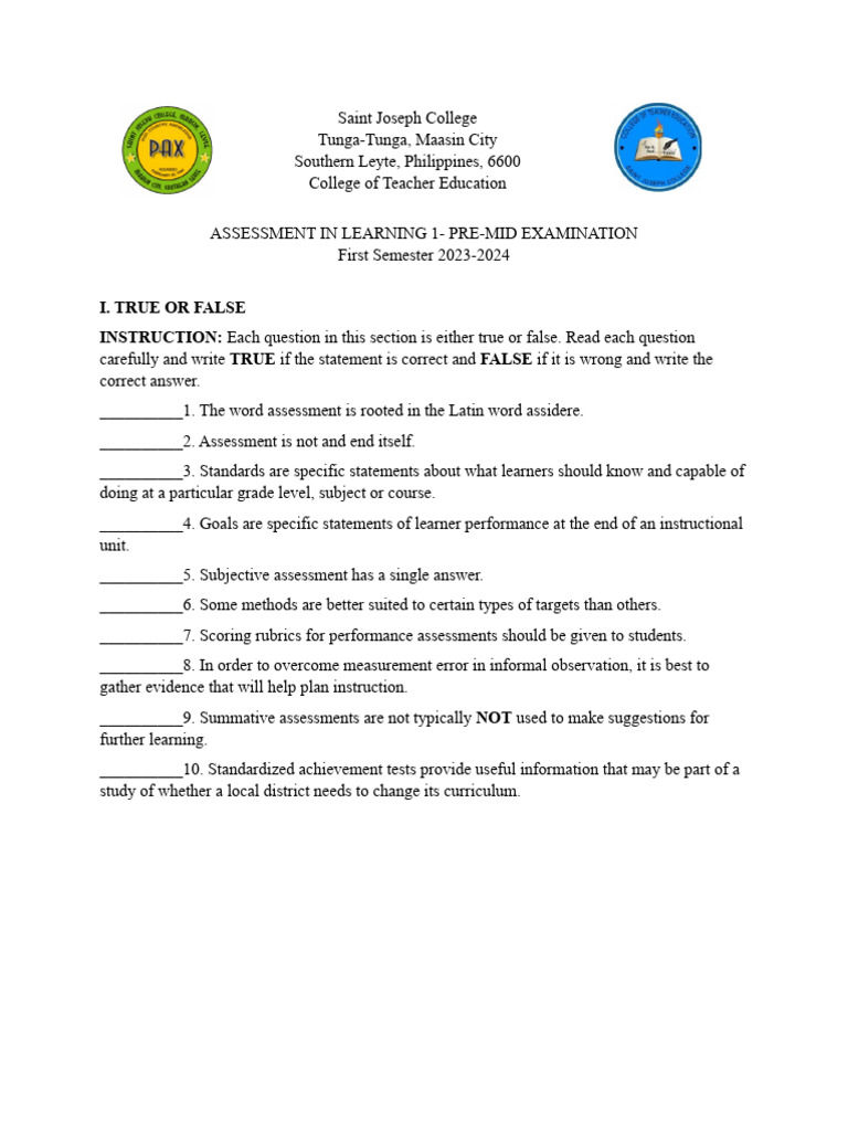 Pre-Mid Exam Assessment Guide 2023-2024 | PDF | Educational Assessment ...