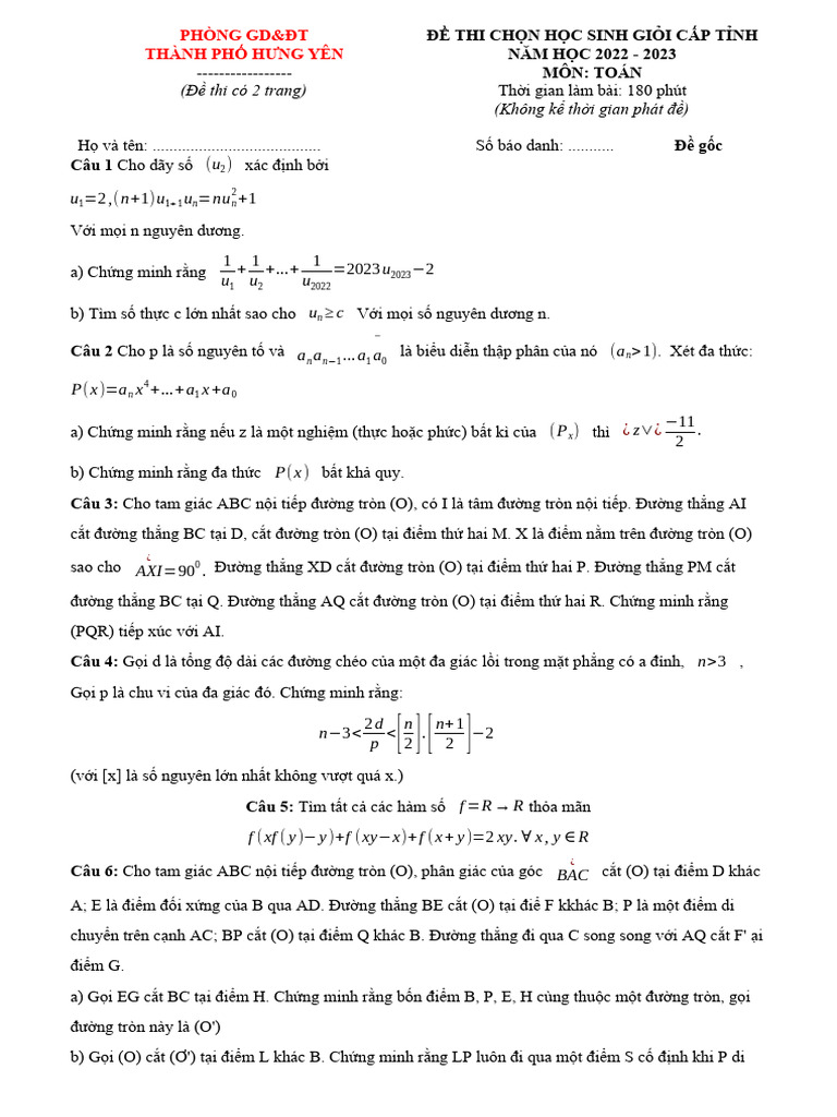 De Thi HSG Nam 2022 2023 Tinh Hung Yen PDF 77432b18ba | PDF
