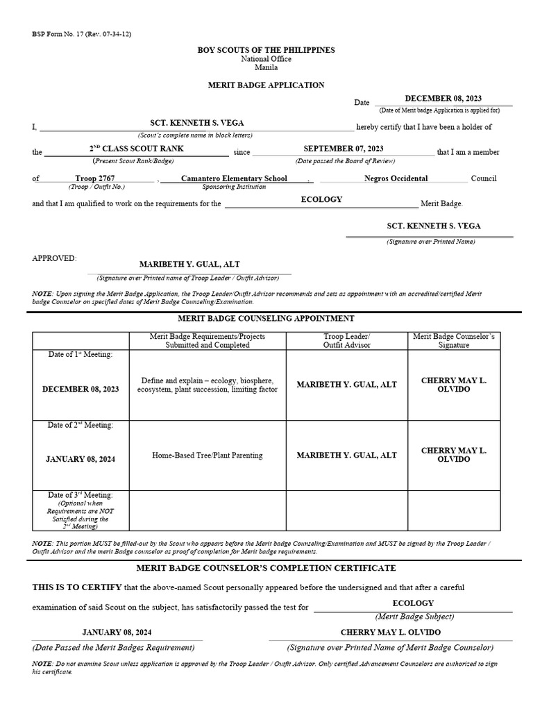 Ecology Merit Badge Application Form | PDF | Scouting And Guiding ...