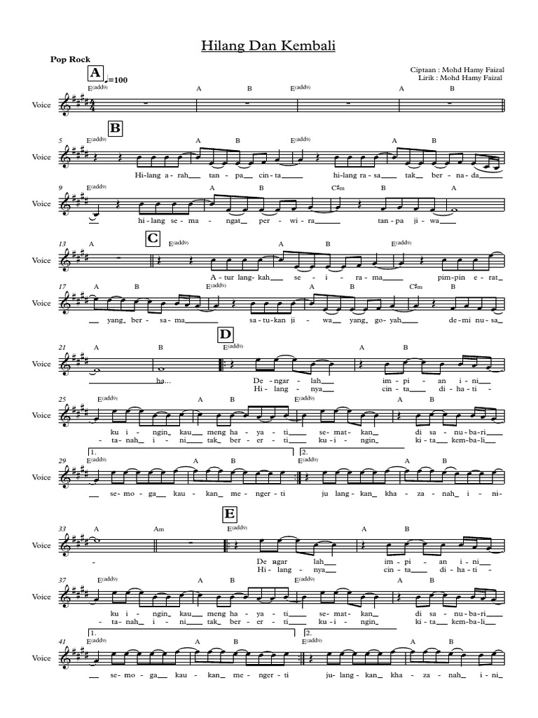 Hilang Dan Kembali lead sheet - Full Score | PDF