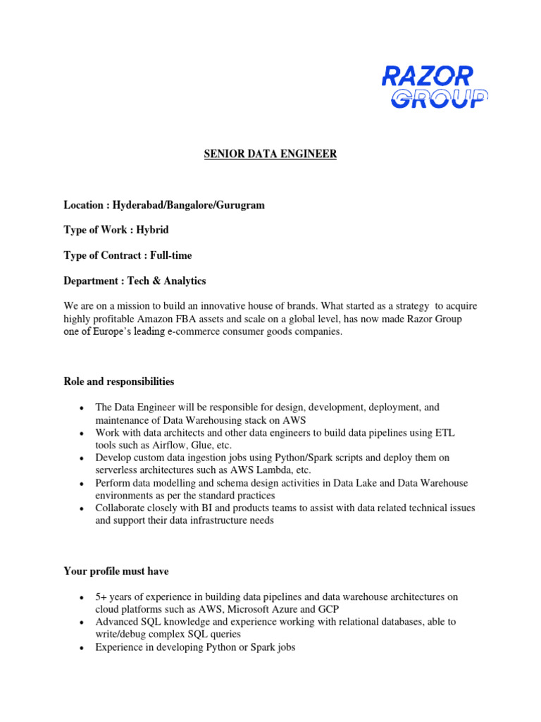 Senior Data Engineer JD For India | PDF | Data Warehouse | Amazon Web ...