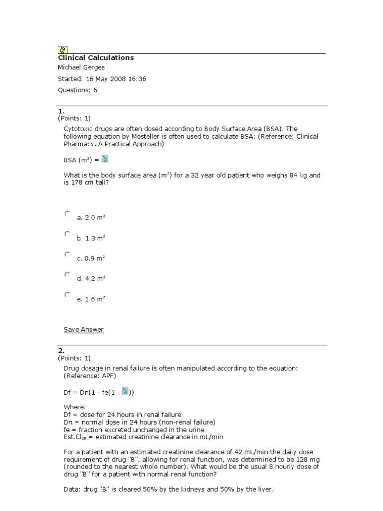 Clinical Calculations - Monash | PDF | Renal Function | Magnesium