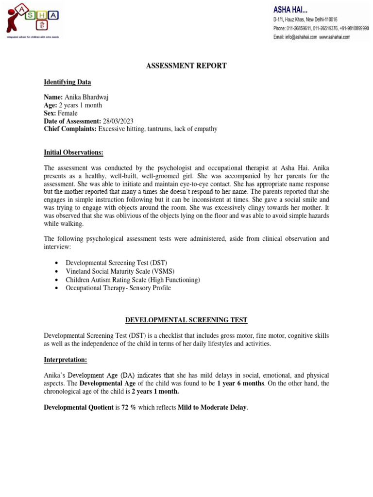 Assessment of Anika Bhardwaj's Autism | PDF | Sensory Processing ...
