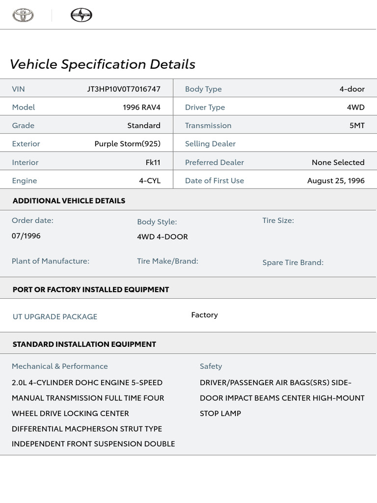 Vehicle Specs - 1996 RAV4 Standard | PDF | Wheeled Vehicles | Car ...