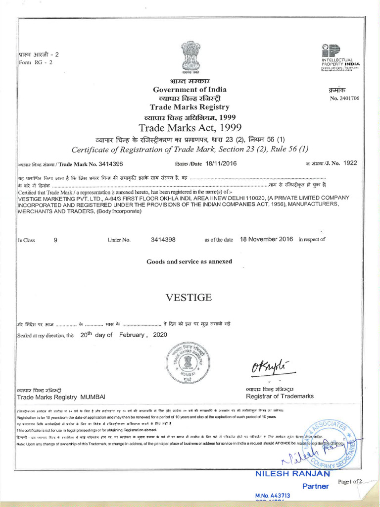 Image showcasing Certificate of Registration of Trademark | PDF