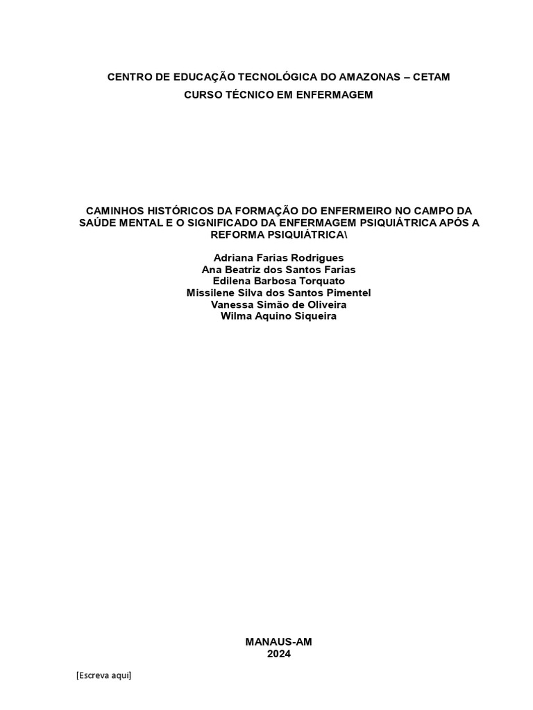Trabalho Tec Enfermagem | PDF | Saúde mental | Psiquiatria