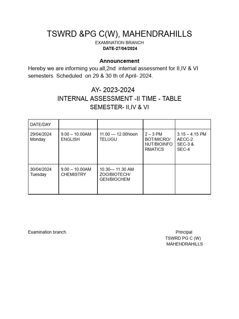 TSWRD PG Internal Assessment Schedule | PDF | Science & Mathematics ...
