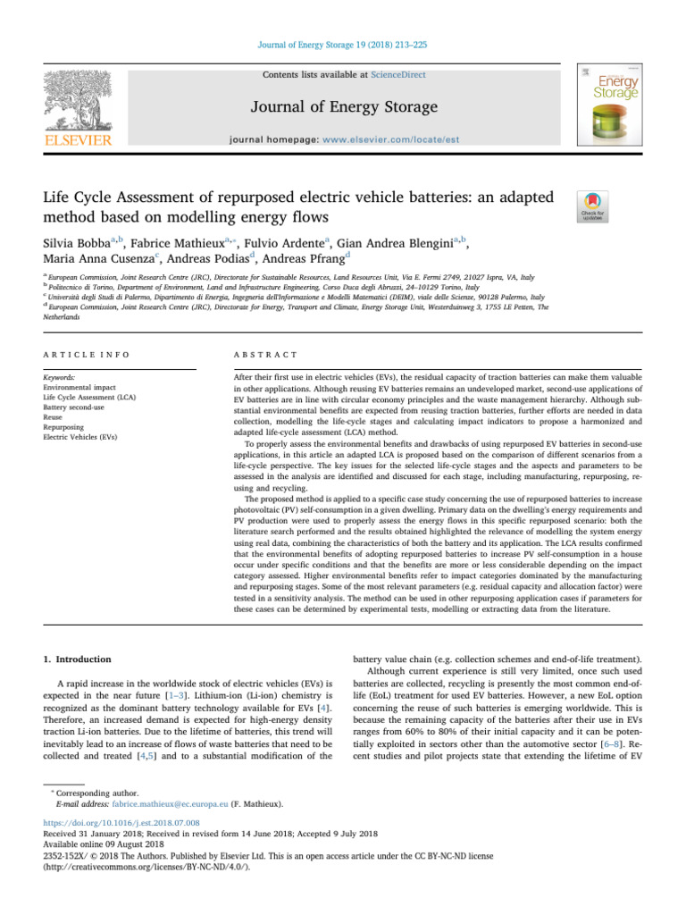 Life Cycle Assessment of Repurposed Electric Vehicle Batteries | PDF ...