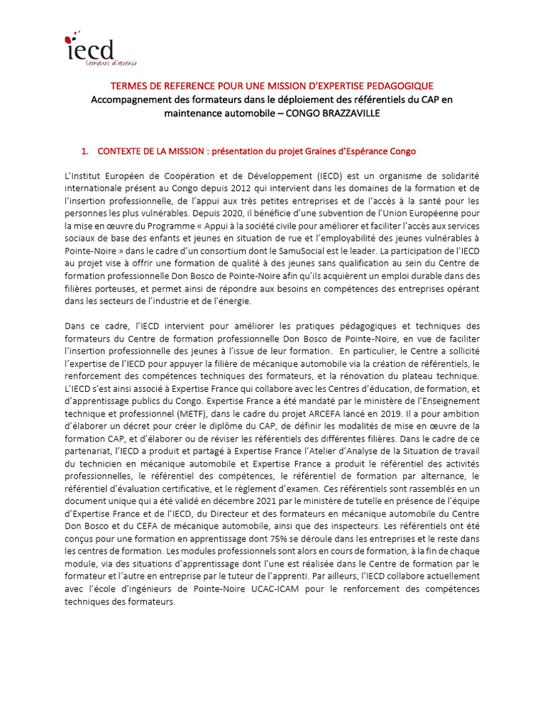 TDR Mission Expertise Maintenance Automobile GDE Congo VF | PDF | Pédagogie | Consultant