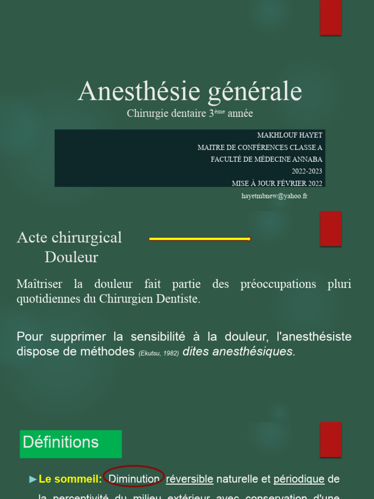 Anesthésie Générale en Chirurgie Dentaire PDF Anesthésie — free download