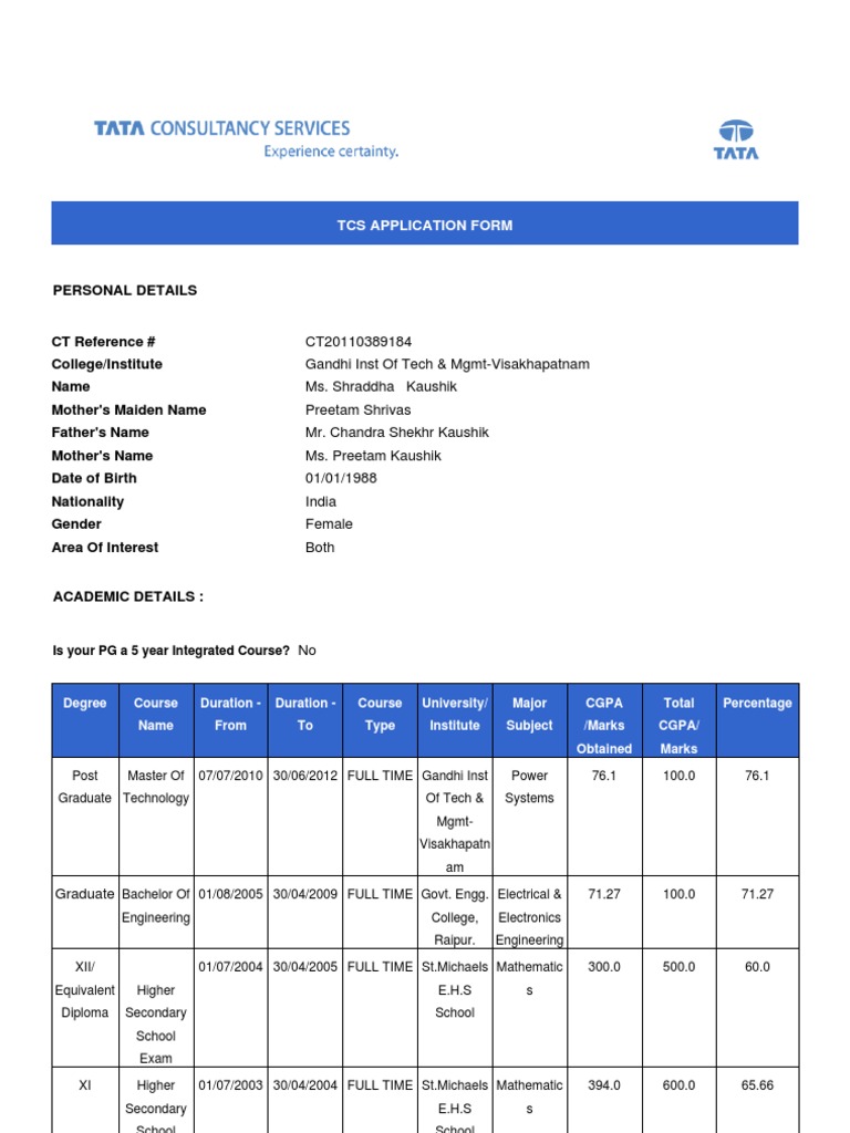 TCS Application Form Details | PDF | Secondary School | Diploma