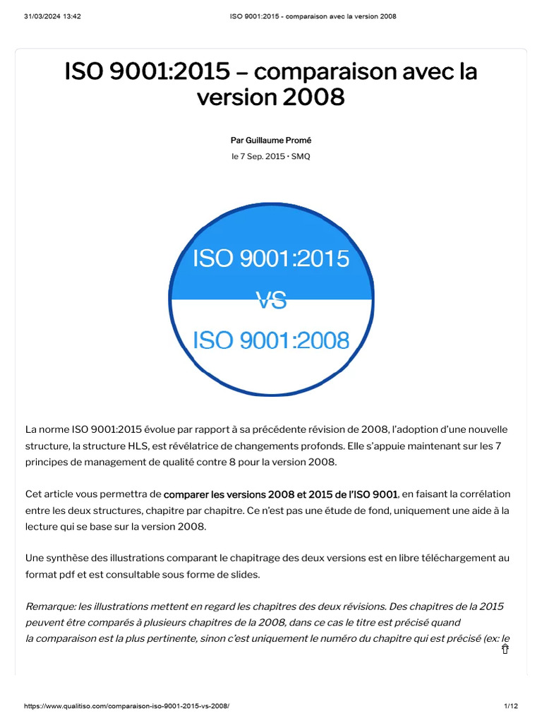 Comparaison ISO 9001:2008 et 2015 | PDF | Système de management de la ...