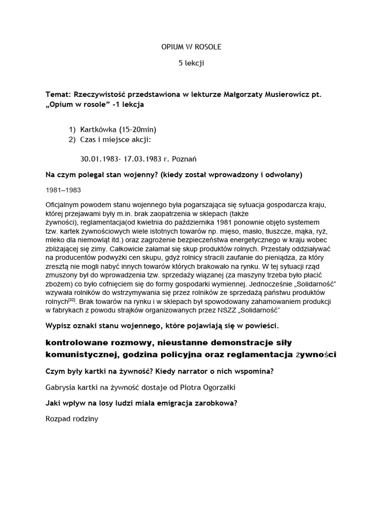 Test Z Lektury Opium W Rosole Opium W Rosole Cykl Lekcji | PDF