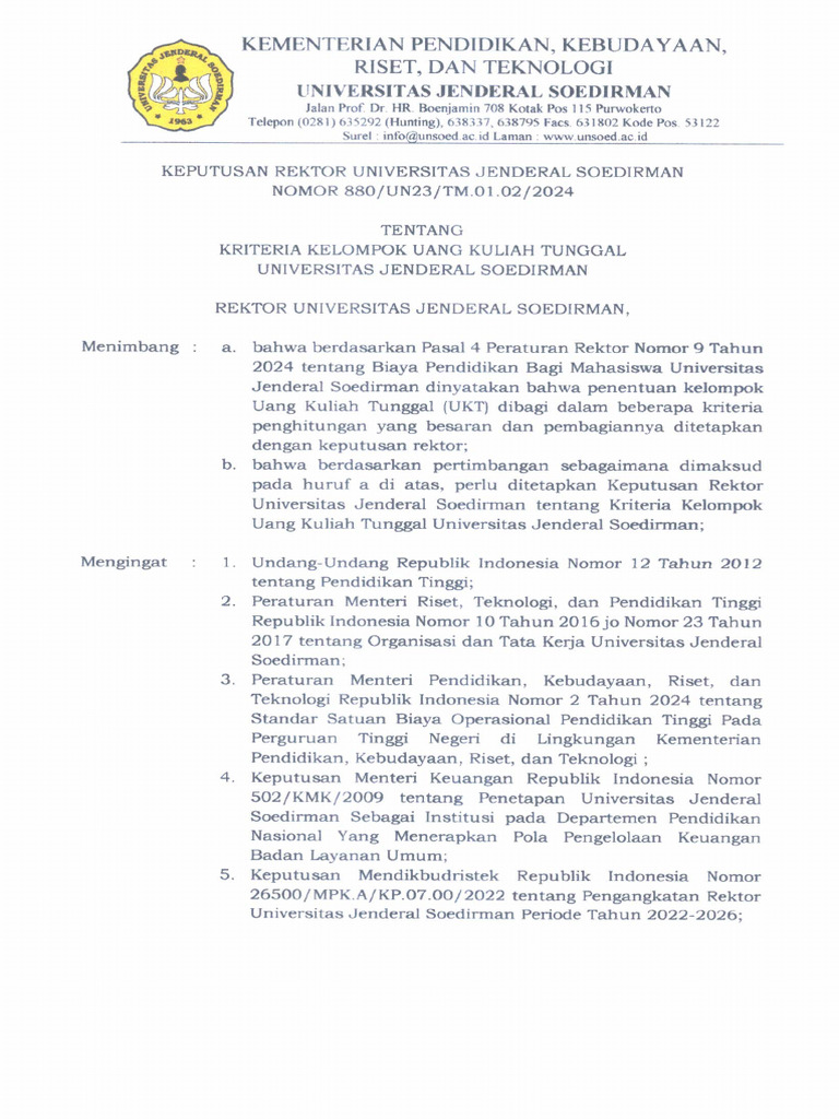 SK Rektor No 880 Tahun 2024 Kriteria UKT | PDF