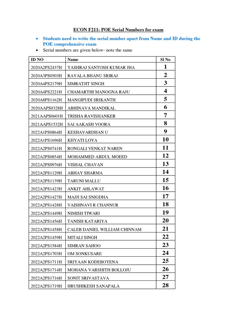POE Serial Numbers for Exam 2023 | PDF