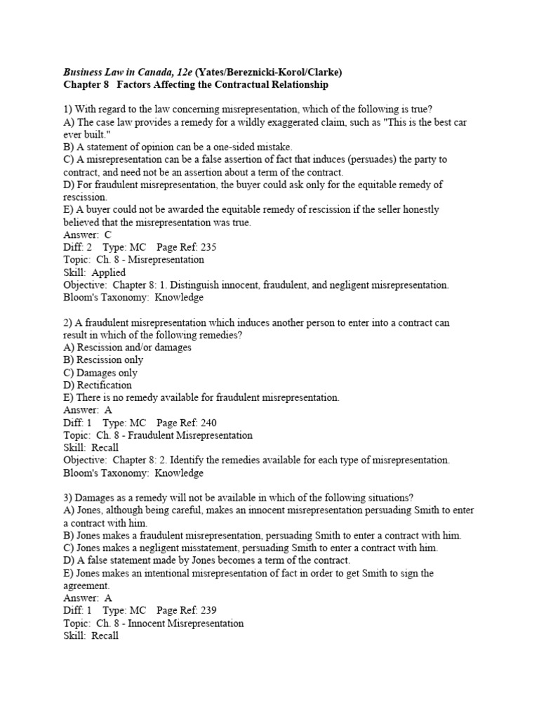 Ch.8 Business Law Test Banks | Download Free PDF | Misrepresentation