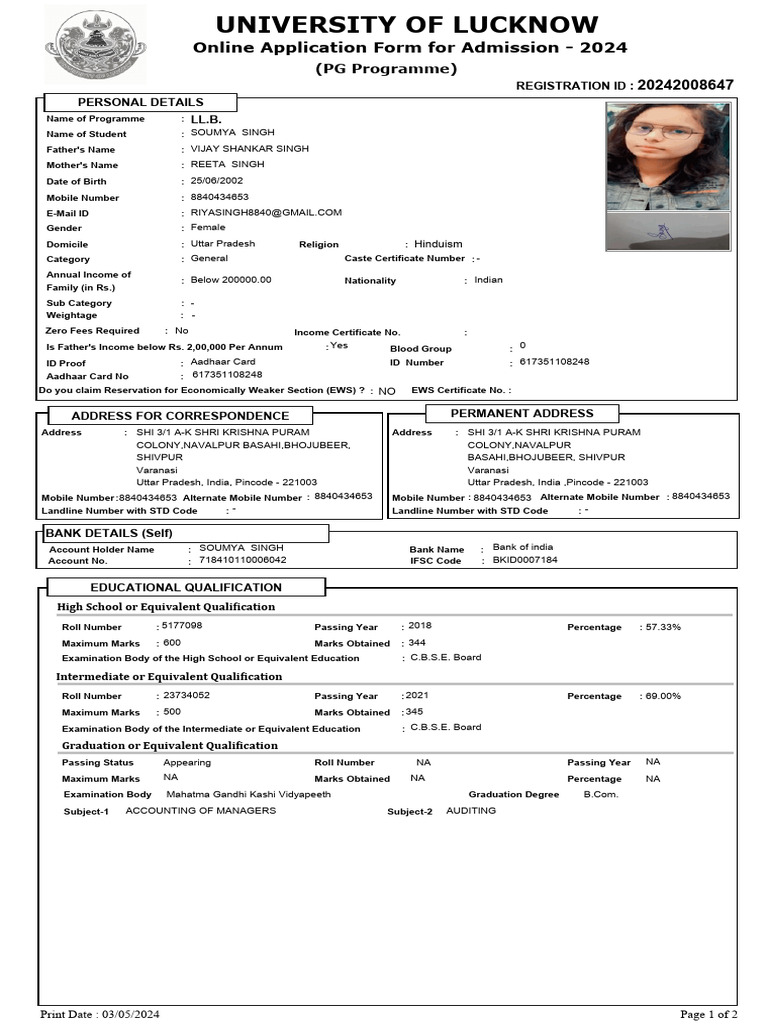 Lucknow University PG Admission Form 2024 | PDF