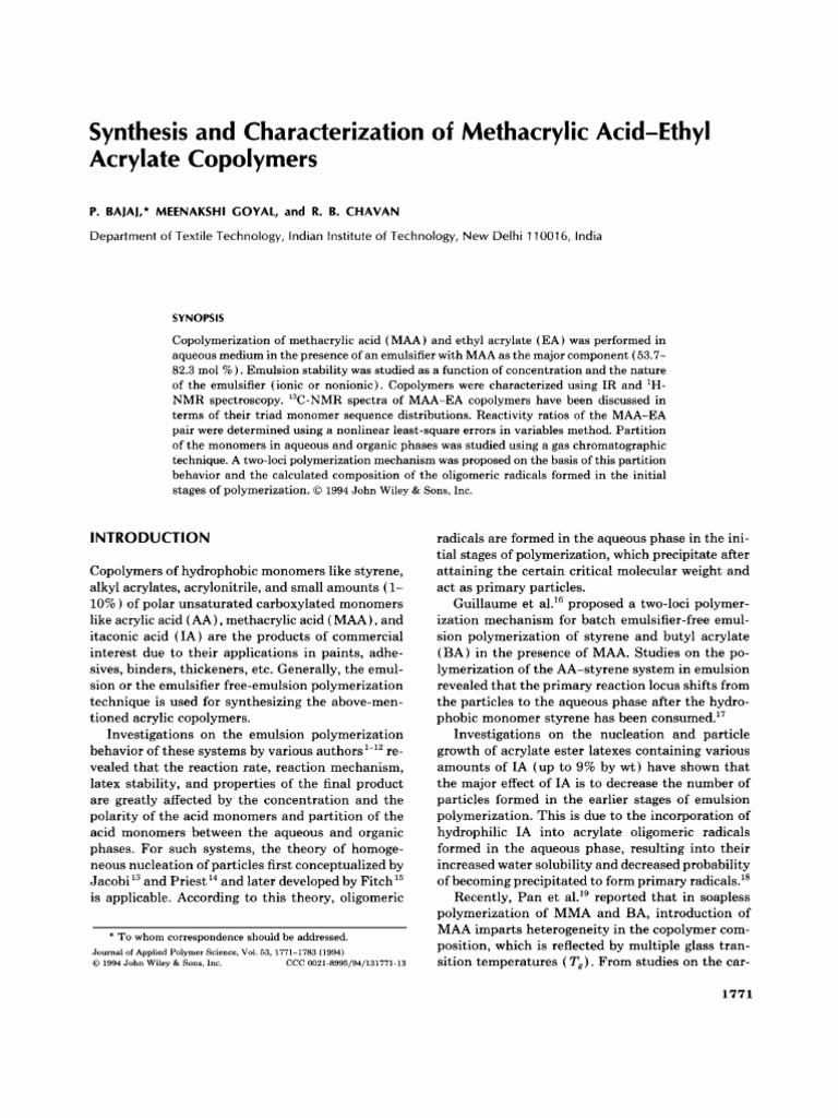 Synthesis and Characterization of Methacrylic AcidEthyl