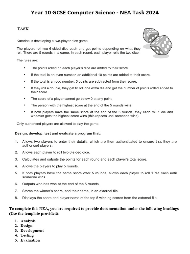 NEA Dice Game Task Sheet PDF