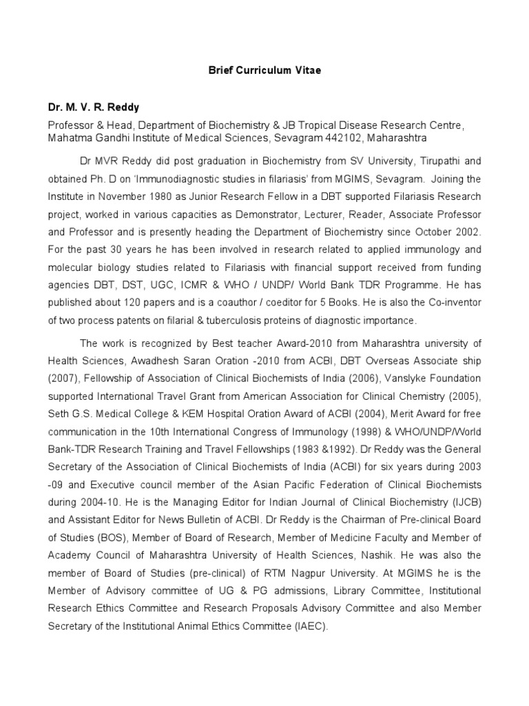 MVR Reddy Resume in Brief | PDF