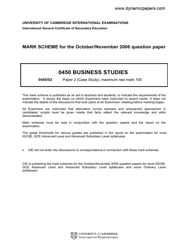 IGCSE Business Studies Mark Scheme 2006 | PDF | Cost–Benefit Analysis ...