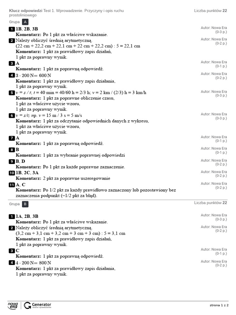 Test 1. Wprowadzenie. Przyczyny i Opis Ruchu Prostoliniowego Klucz ...