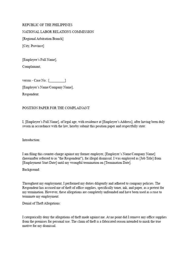 Position Paper For The Complainant - Illegal Dismissal - NLRC | PDF ...