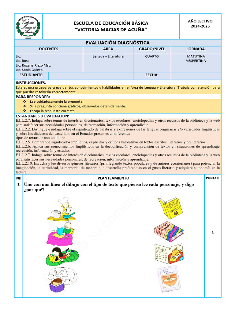 Evaluación Diagnóstica Lengua 4to Grado | PDF | Aprendizaje | Evaluación