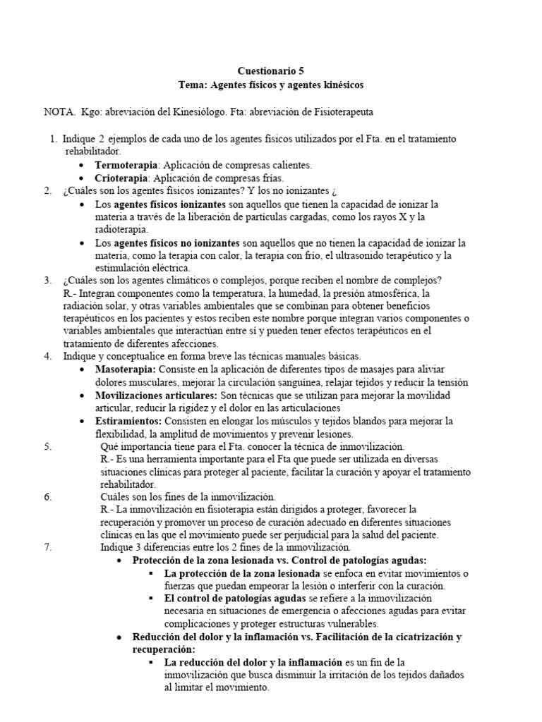CUESTIONARIO 5 Agentes F-Sicos y Kin-Sicos | PDF | Terapia física | Masaje