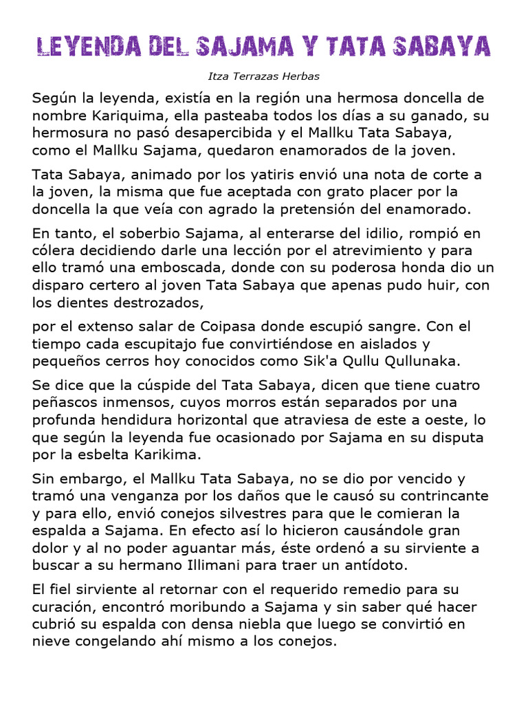Leyenda Del Sajama y Tata Sabaya PDF