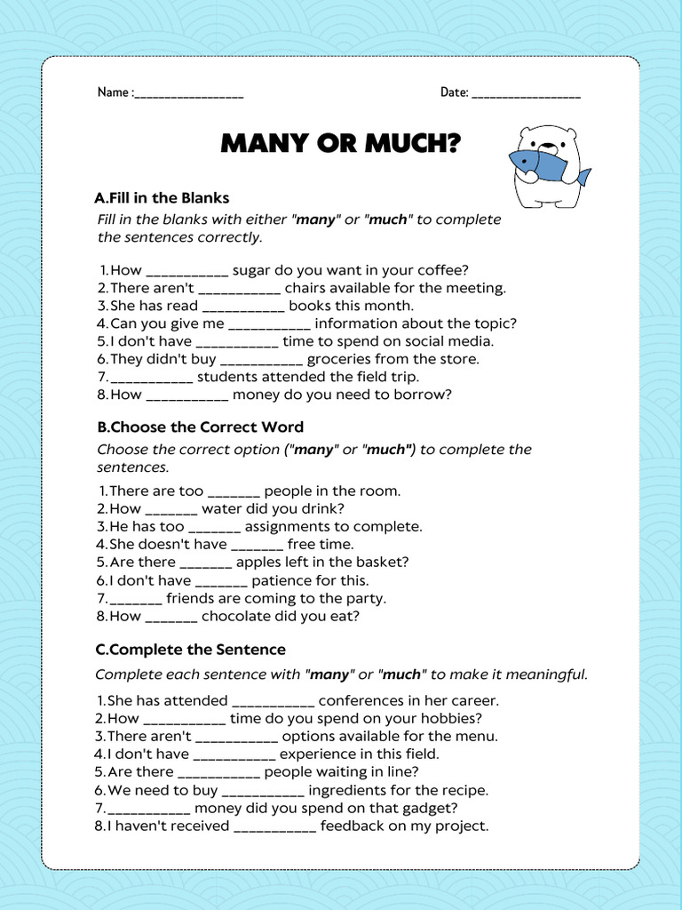 Blue White Pattern Many or Much Exercise Grammar Worksheet | PDF