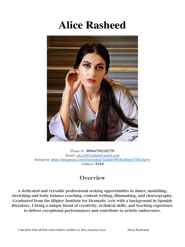 Dance and Arts Resume of Alice Rasheed | PDF | Choreography | Dances