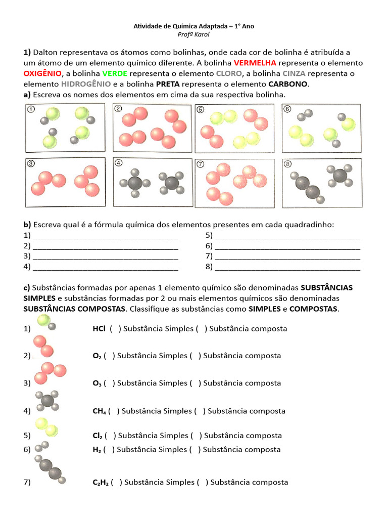 Atividade Adaptada de Química - 1ºAno - Leis ponderais e modelo de ...