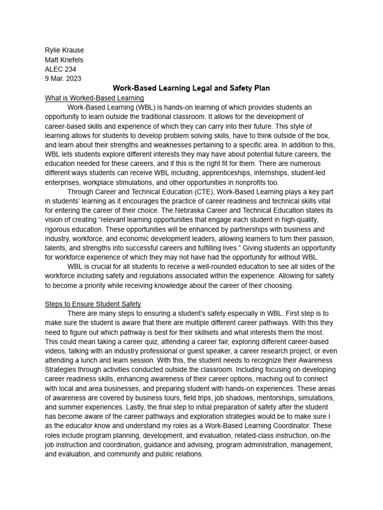 Work-Based Learning Legal Safety Plan | PDF | Learning | Safety