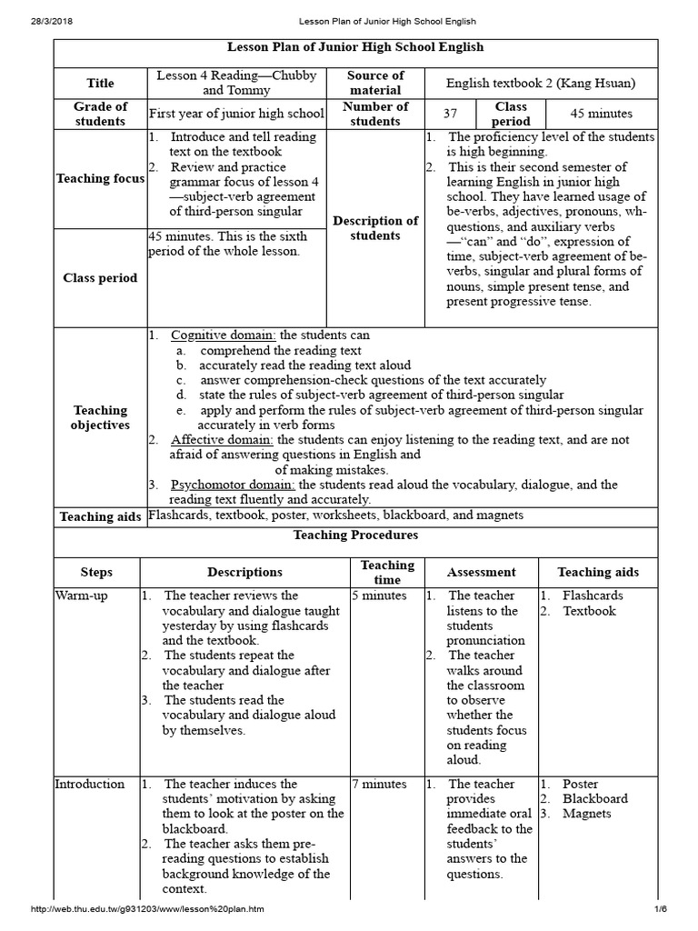 Lesson Plan of Junior High School English | PDF | Verb | English Language