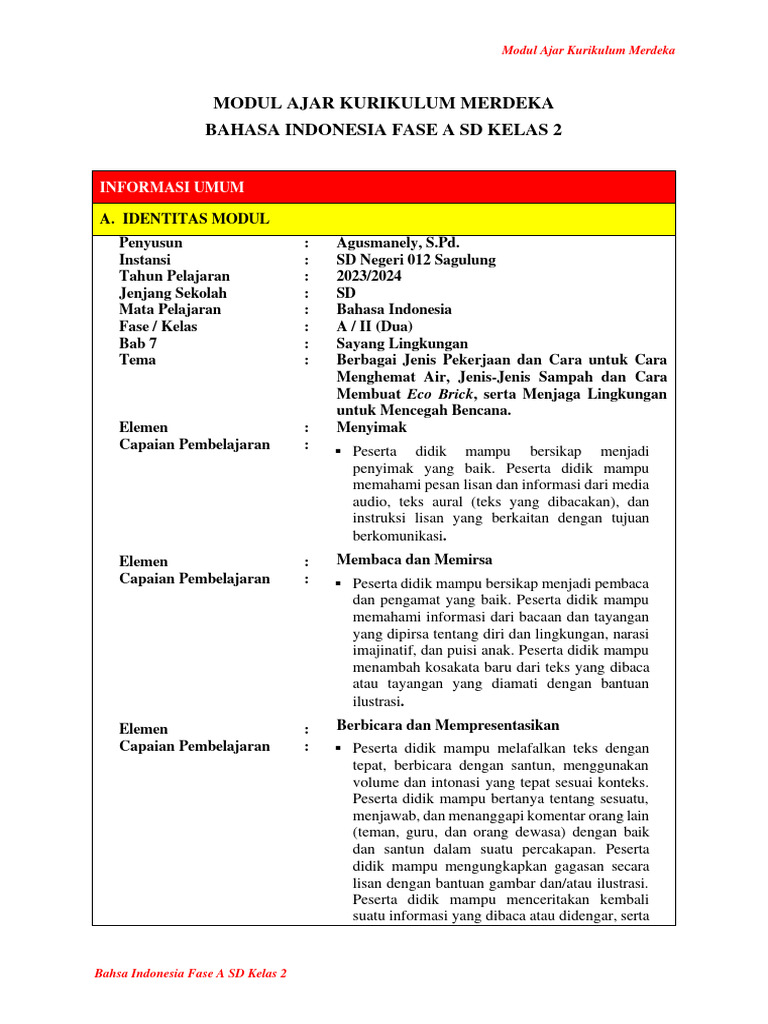 Modul Ajar Bahasa Indonesia Kelas 2 | PDF | Karier & Perkembangan ...