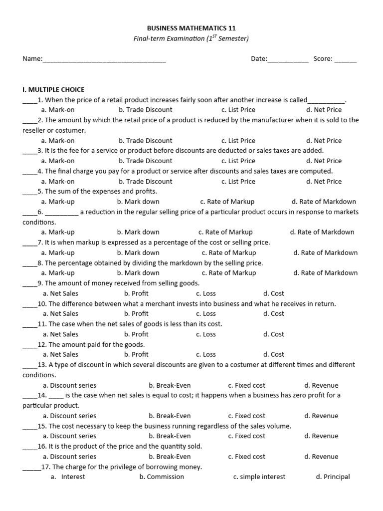 Business math final exam pdf prices interest