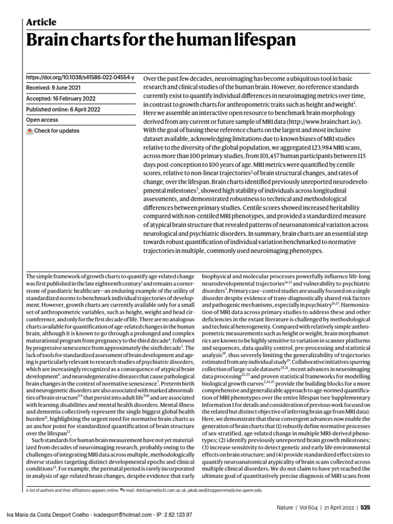 Brain Charts For The Human Lifespan | PDF | Mental Disorder | Brain
