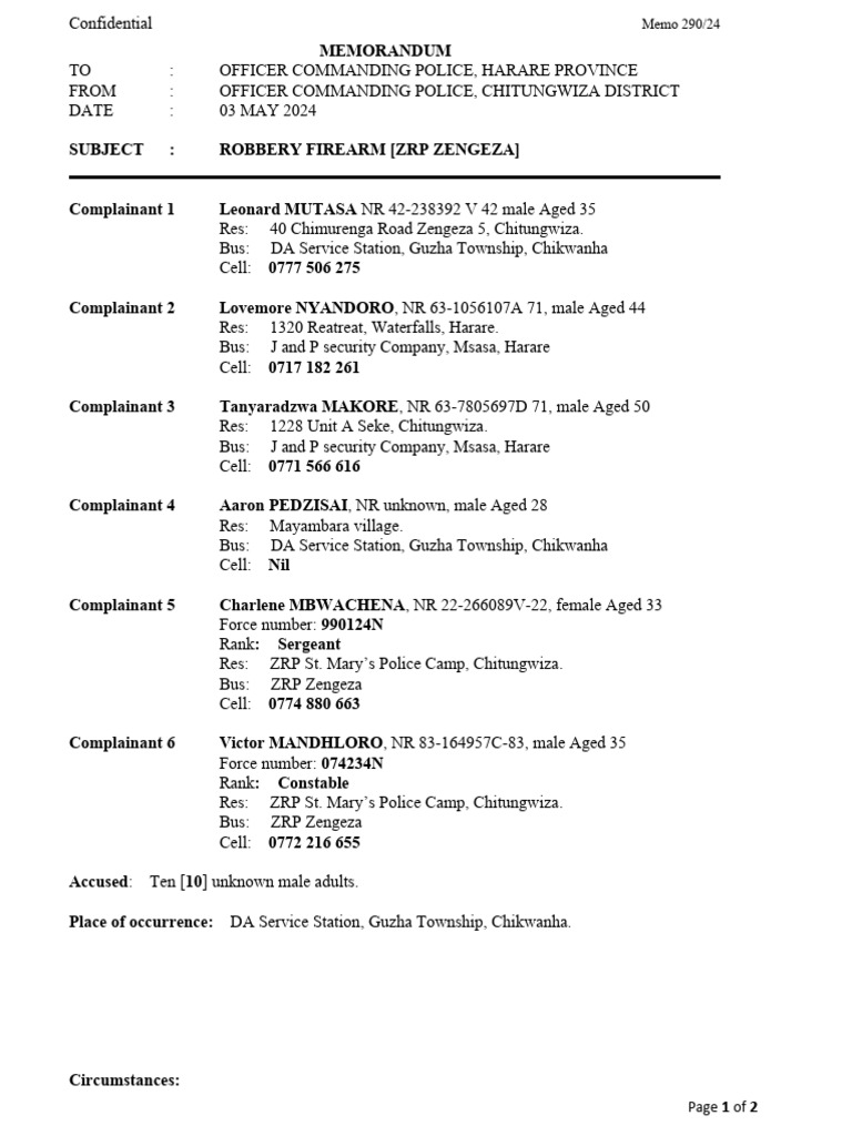 Chikwanha Service Station Robbery Report | PDF | Criminal Justice ...