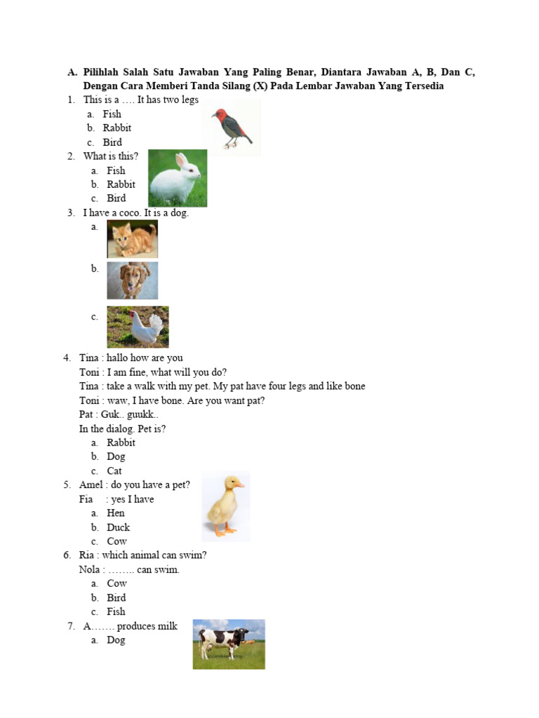 Soal Bahasa Inggris Kelas 1: Hewan | PDF | Language Arts & Discipline ...