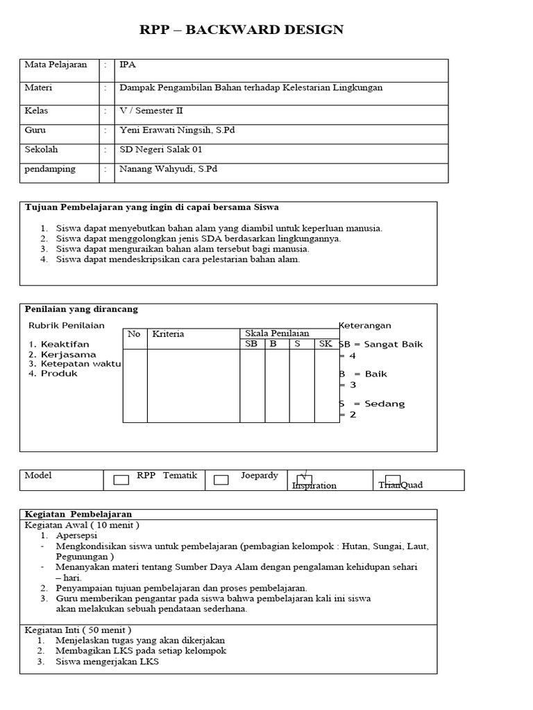 RPP - Backward Design Kelas 5 | PDF