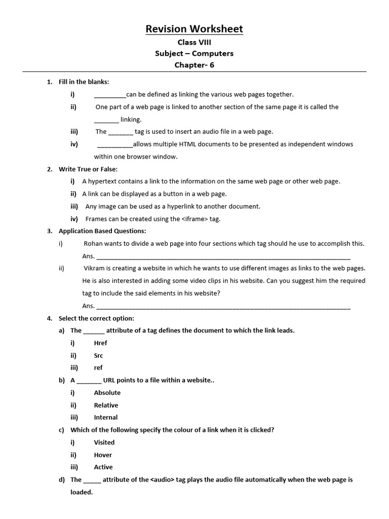 Computer Science Revision Worksheet 3 Chapter 6 | Download Free PDF ...