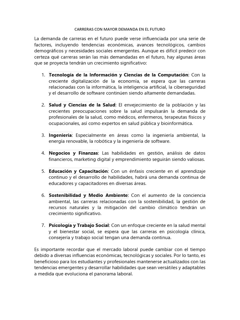 Carreras Con Mayor Demanda en El Futuro | PDF