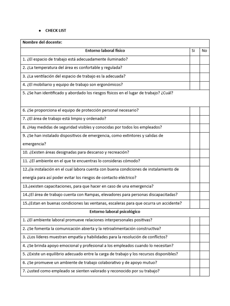 Checklist de Evaluación del Entorno Laboral | PDF | Seguridad y salud ...