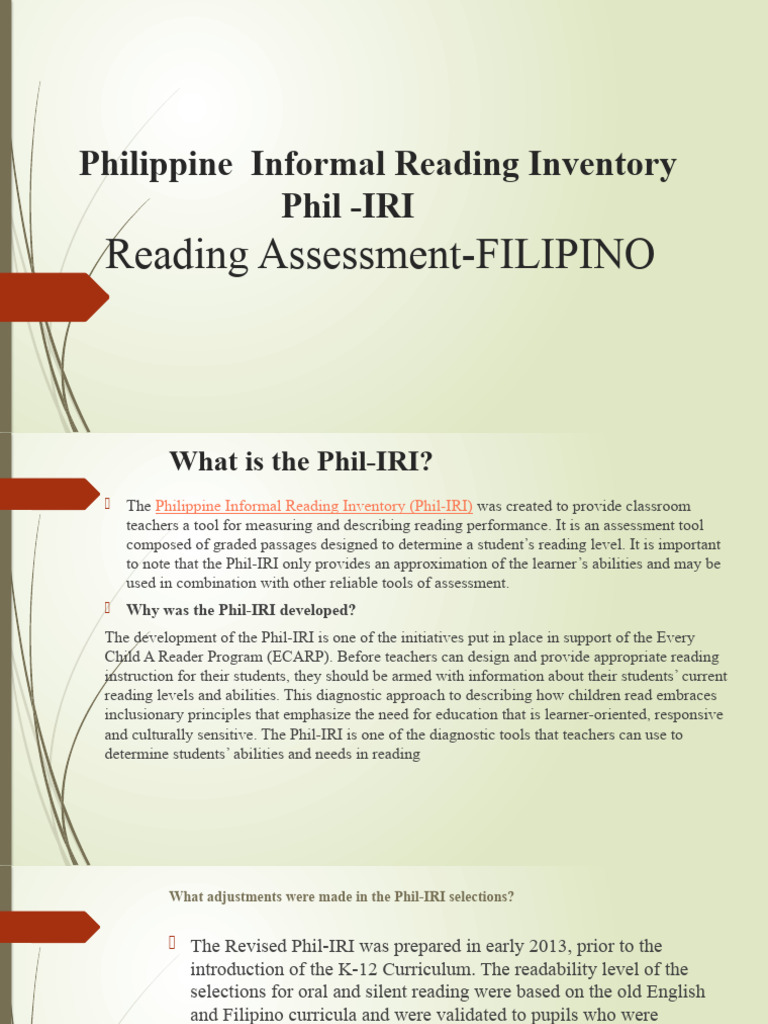 Filipino Reading Assessment Sa Phil IRI | Download Free PDF | Reading ...