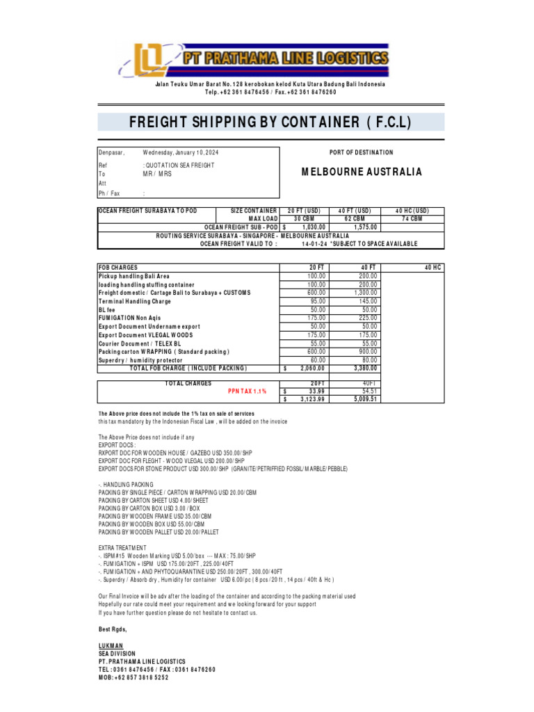 Sea Freight Quotation: Surabaya to Melbourne | PDF | Cargo | Supply ...