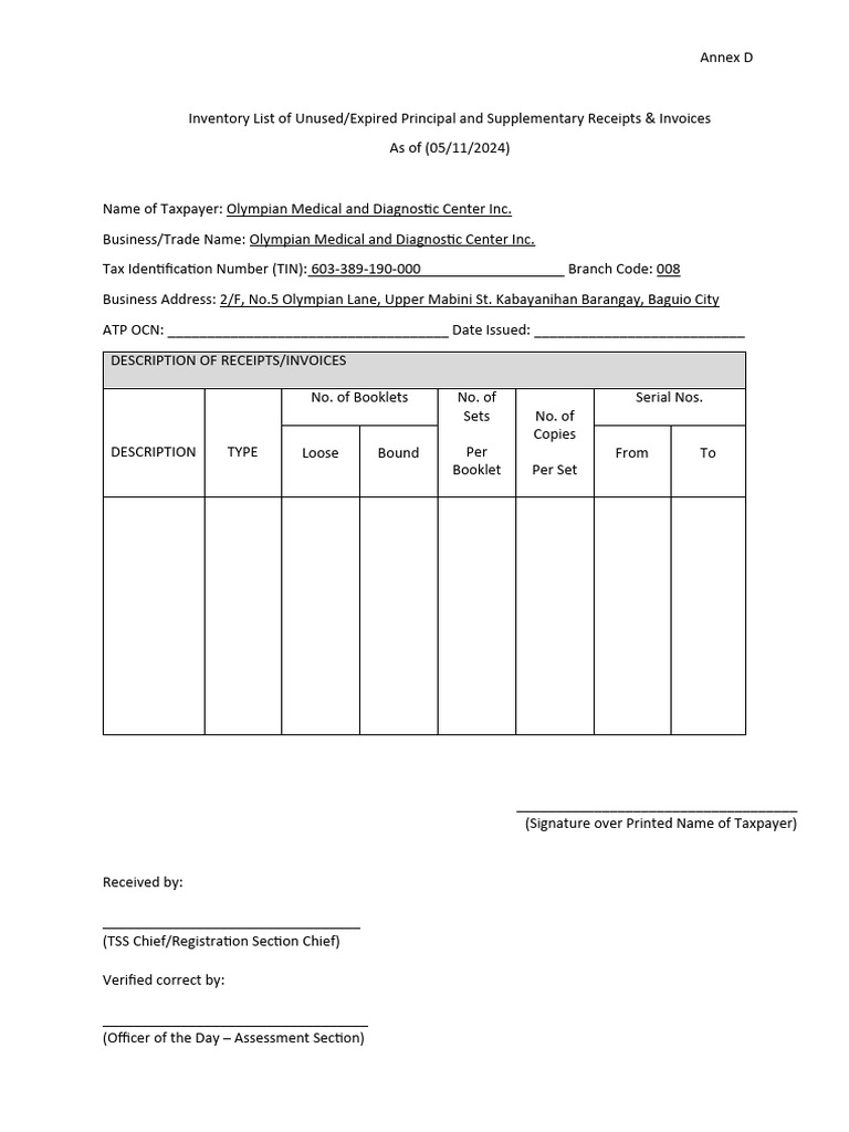 Annex D Inventory of Unused Receipts | PDF